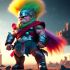 Colorful Cartoon Warrior with Rainbow Mohawk and Armor