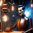 Stylized robot in workshop with mechanical tools and smoking pipe