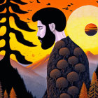 Man in profile merges with vibrant mountain landscape under orange sky