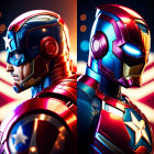 Dual superheroes with glowing helmets and symbols against vibrant backdrop