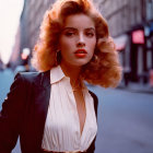 Curly-haired woman in black blazer and red lipstick on city street at dusk