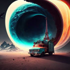 Vintage van parked on alien landscape with giant planet and Eiffel Tower-like structure.