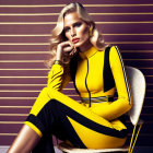 Blonde person in stylish yellow and black outfit on striped background