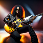 Long-haired guitarist plays yellow electric guitar on stage with dramatic lighting