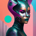 Colorful digital artwork of a futuristic woman in cat helmet against geometric backdrop