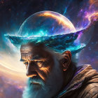 Elderly man wearing cosmic galaxy hat in star-filled nebula scene