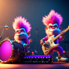 Stylized animated characters perform on stage with microphone stand, drum set, and guitar under dramatic lighting