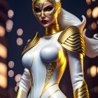Stylized female figure in white and gold costume with cat mask and glowing elements on city lights background