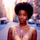 Woman with large afro in elegant gown and earrings on city street at dusk