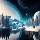 Snowy Landscape with Pine Trees Reflected in Water under Celestial Sky