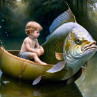 Child in boat made from giant fish on serene water with greenery.