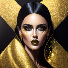 Striking dark hair woman with gold makeup and black lipstick portrait