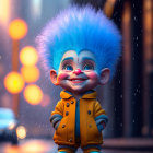 Blue-haired animated character in yellow jacket on rainy street