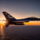 Military fighter jet at sunset with sun reflection on ocean and wing flare