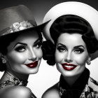 Vintage-styled women with red lips in elegant hats and earrings