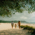 Family of Three Walking on Sandy Beach with Trees and Beachgoers in Distance