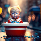 Blond toddler in red hairband on toy boat in whimsical setting