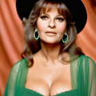 Voluminous hair woman in hat, turquoise earrings, green dress with jeweled neckline on orange backdrop