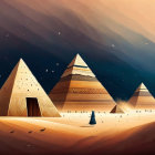 Illustration of Egyptian pyramids at dusk with figure in traditional garb.