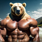 Muscular bear-headed figure holding a can in nature landscape