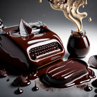 Stylized image: Chocolate typewriter with liquid, splashes, and shavings