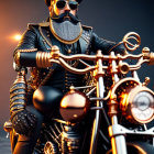 Stylized 3D illustration of biker on reflective motorcycle