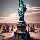 Desolate landscape with Statue of Liberty and towering spires