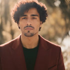 Bearded man in red blazer outdoors with blurred trees.