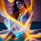 Digital artwork: Woman surrounded by cosmic energy, ocean, crescent moon, night sky