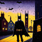 Dark Knight and mysterious figure on cobblestone street at dusk with bats and cityscape.