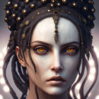 Digital artwork of female figure with gold jewelry, braided hair, and amber eyes