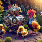 Steampunk-inspired robotic chickens and fluffy chicks in vibrant floral setting