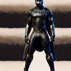 Superhero character in black and blue suit with panther mask and spear on stylized background