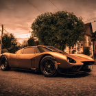 Vintage golden sports car parked on cobblestone street at dusk