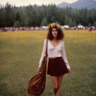 Woman in vintage clothing with floral crown in yellow flower field.