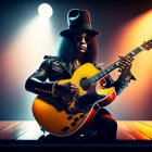 Rock musician in hat and sunglasses playing acoustic guitar on stage with dramatic lighting