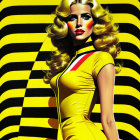 Woman with Classic Hollywood Hairstyle in Yellow Outfit on Striped Background