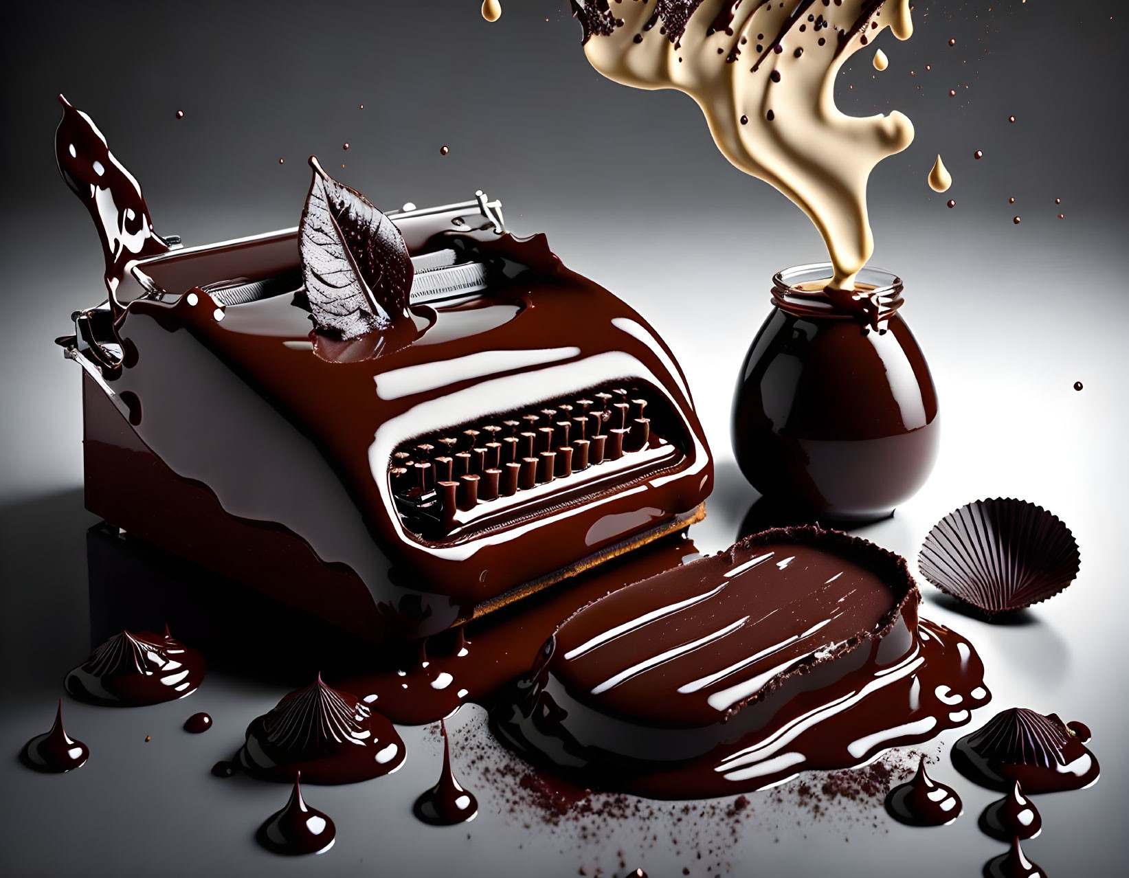 Stylized image: Chocolate typewriter with liquid, splashes, and shavings