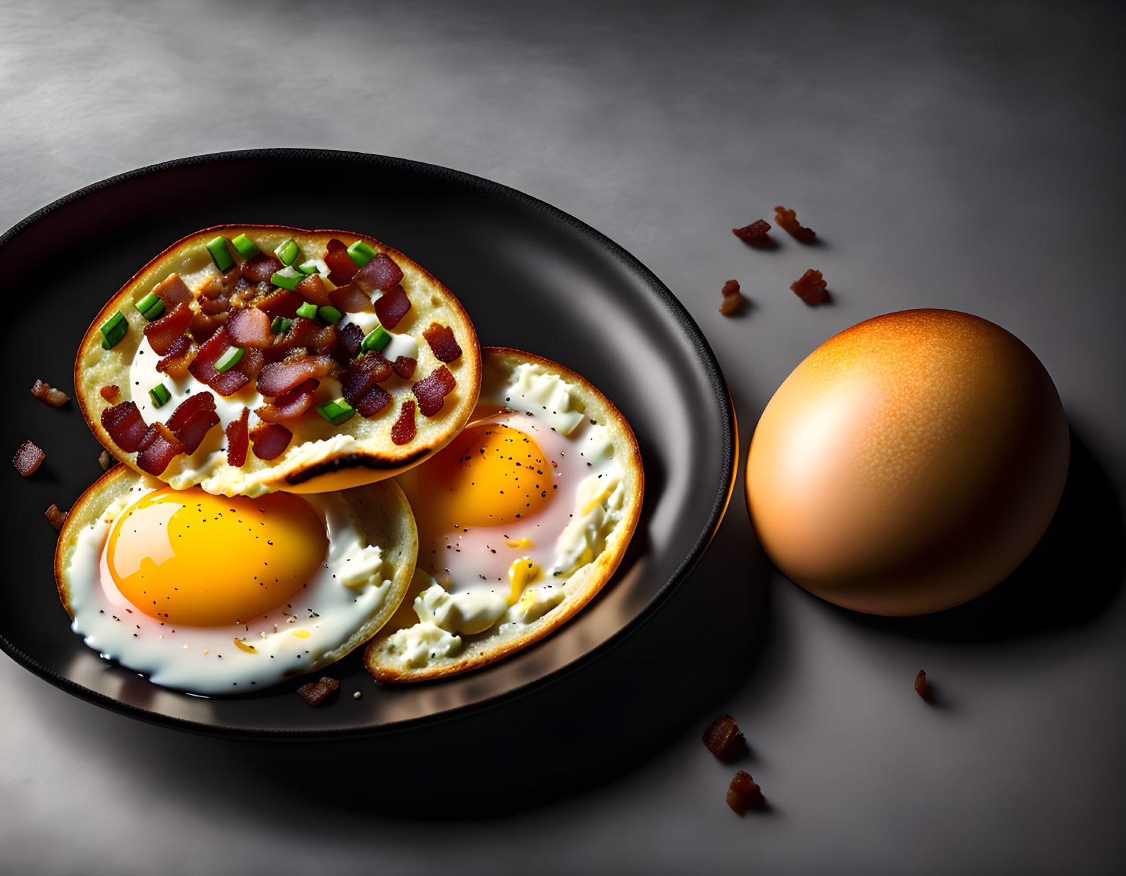 Sunny-Side-Up Eggs with Bacon Bits on Dark Plate