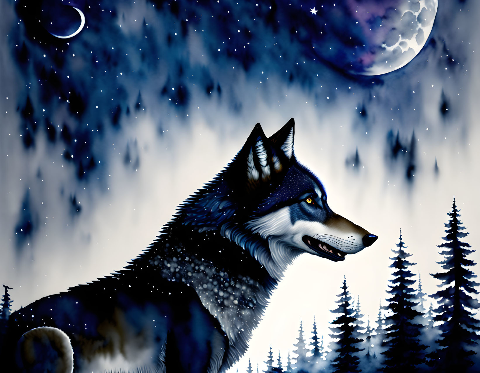 Majestic wolf under starry night sky with snowflakes and moons