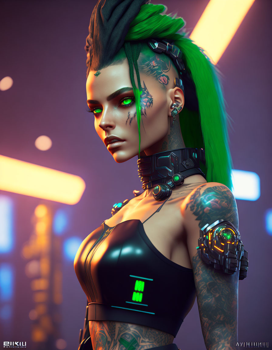 Cyberpunk style: Futuristic woman with green hair, cybernetic enhancements, tattoos, and