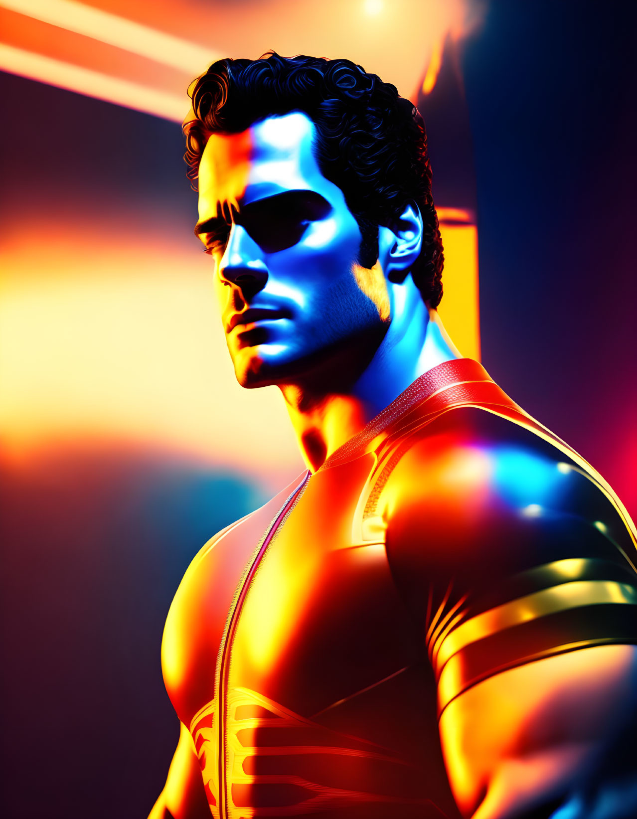 Vivid Blue and Orange Lighting Enhance Stylized Portrait of Man