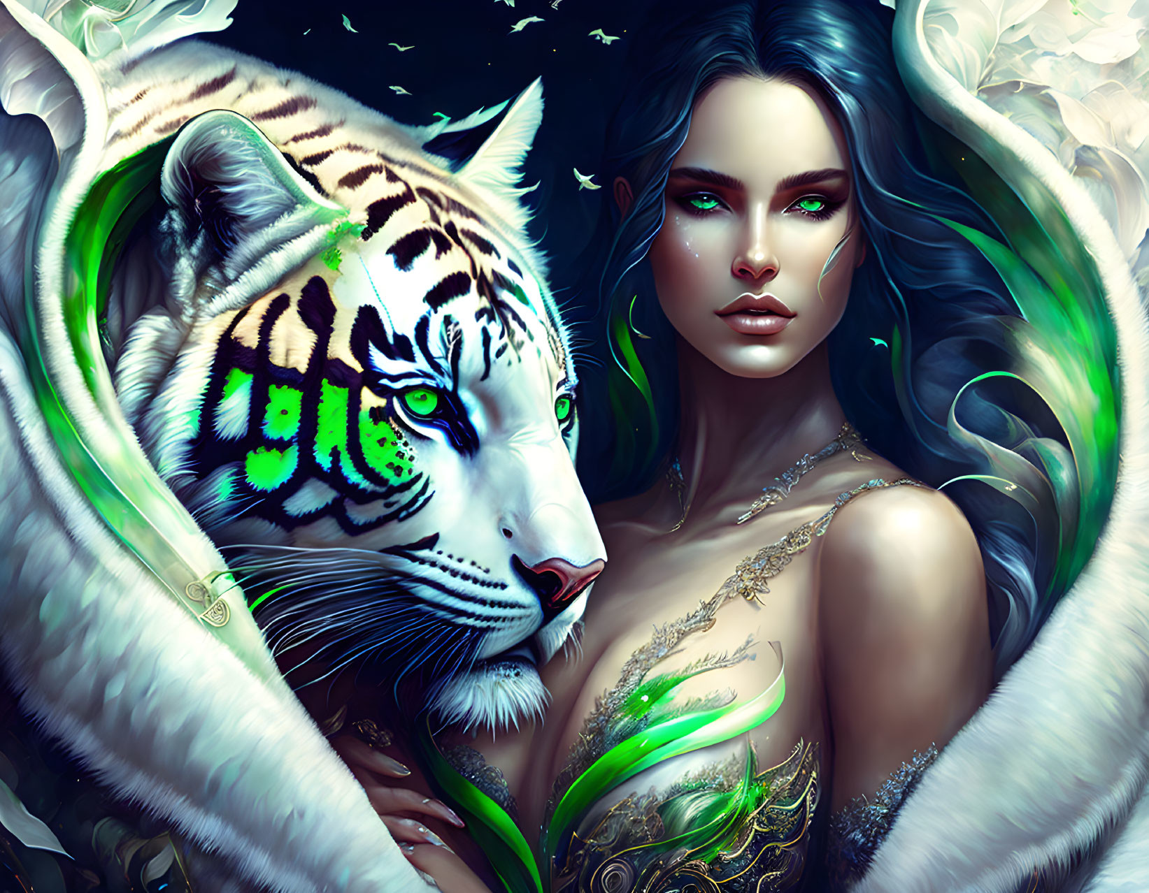 Ethereal woman with white tiger in luminous flora