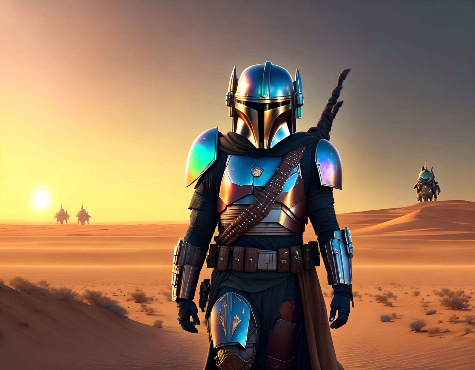 Blue and silver armored warrior in desert landscape at sunset