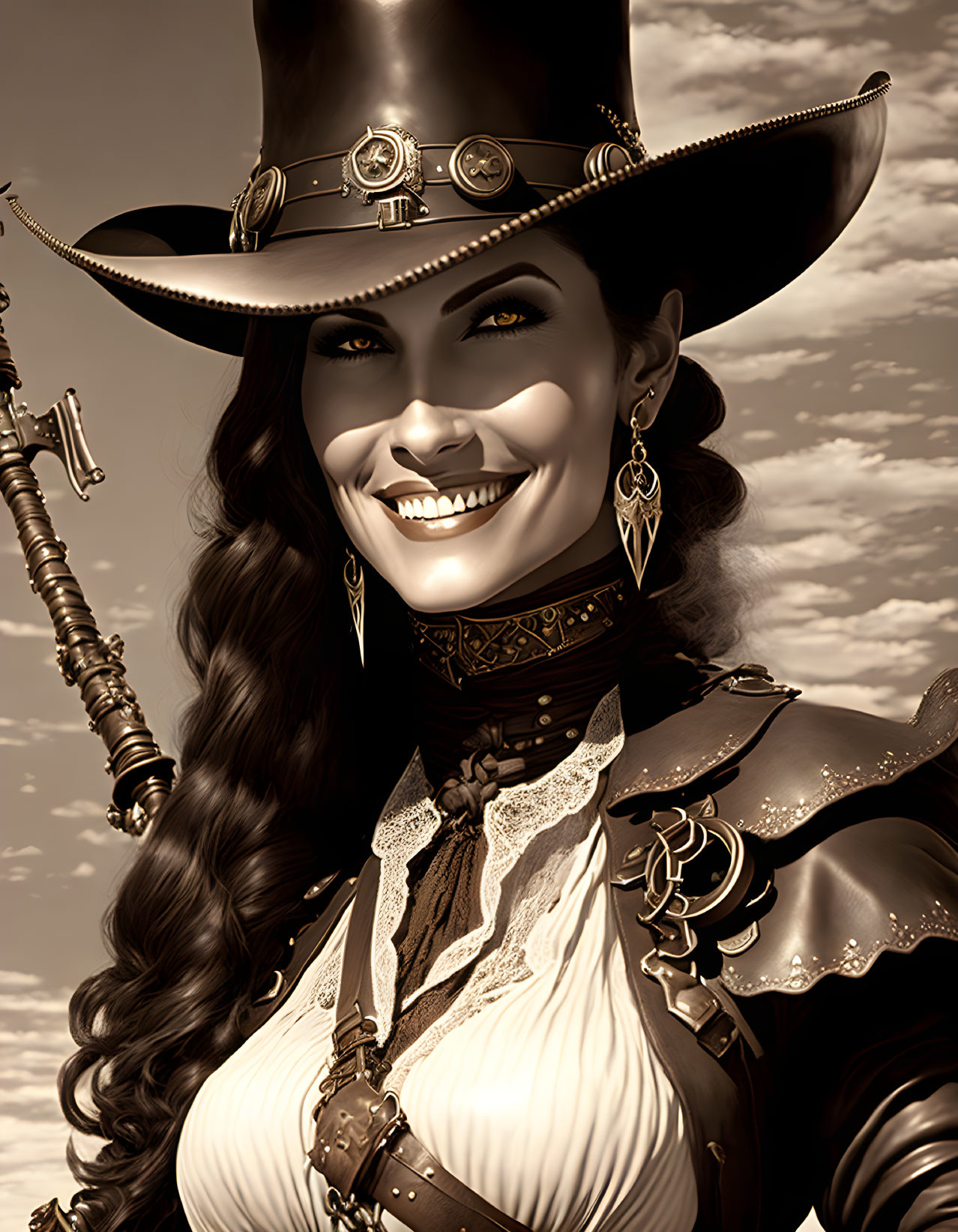 Smiling woman in cowboy hat and leather outfit under cloudy sky