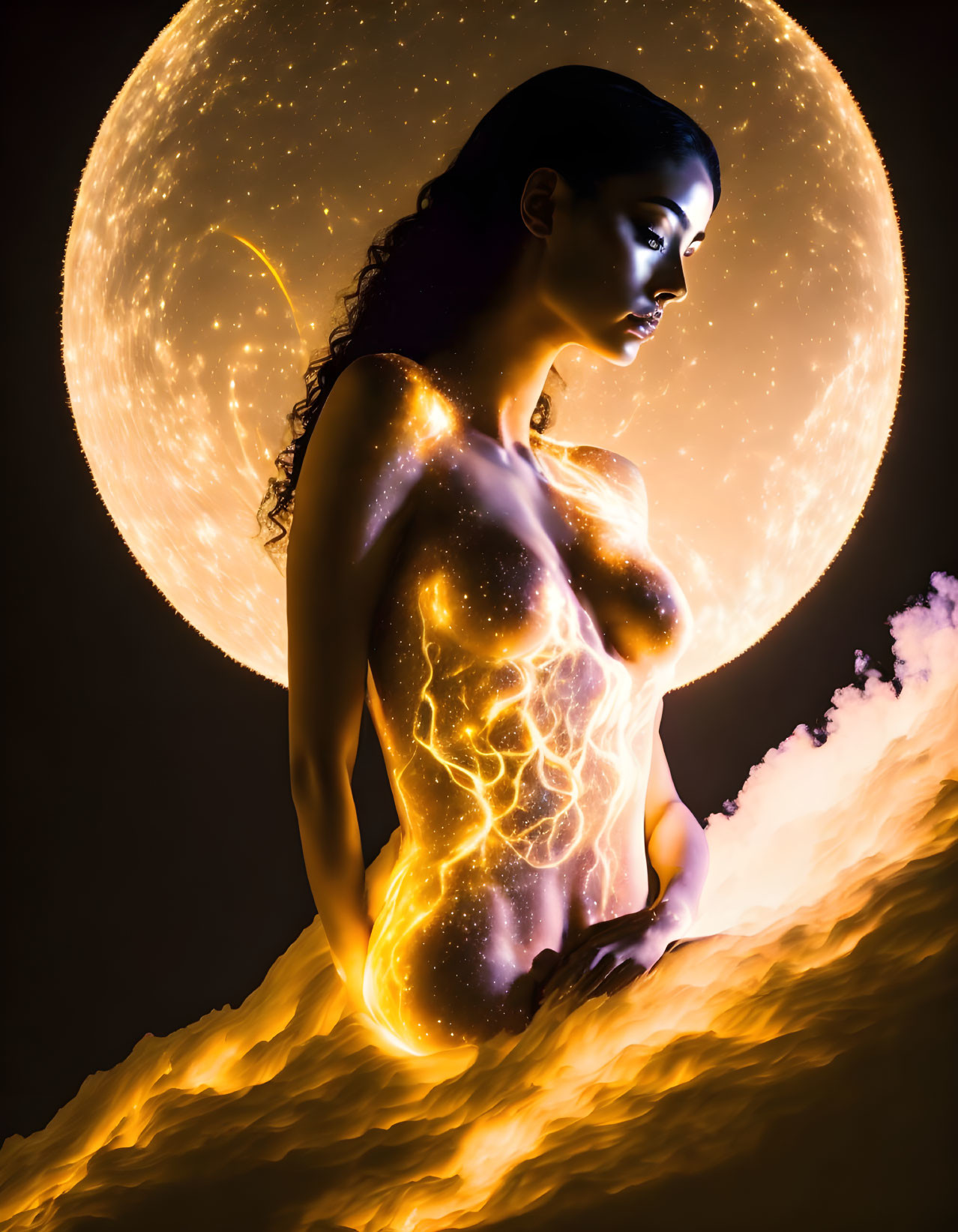 Digital Art: Female Figure with Glowing Patterns and Luminous Moon