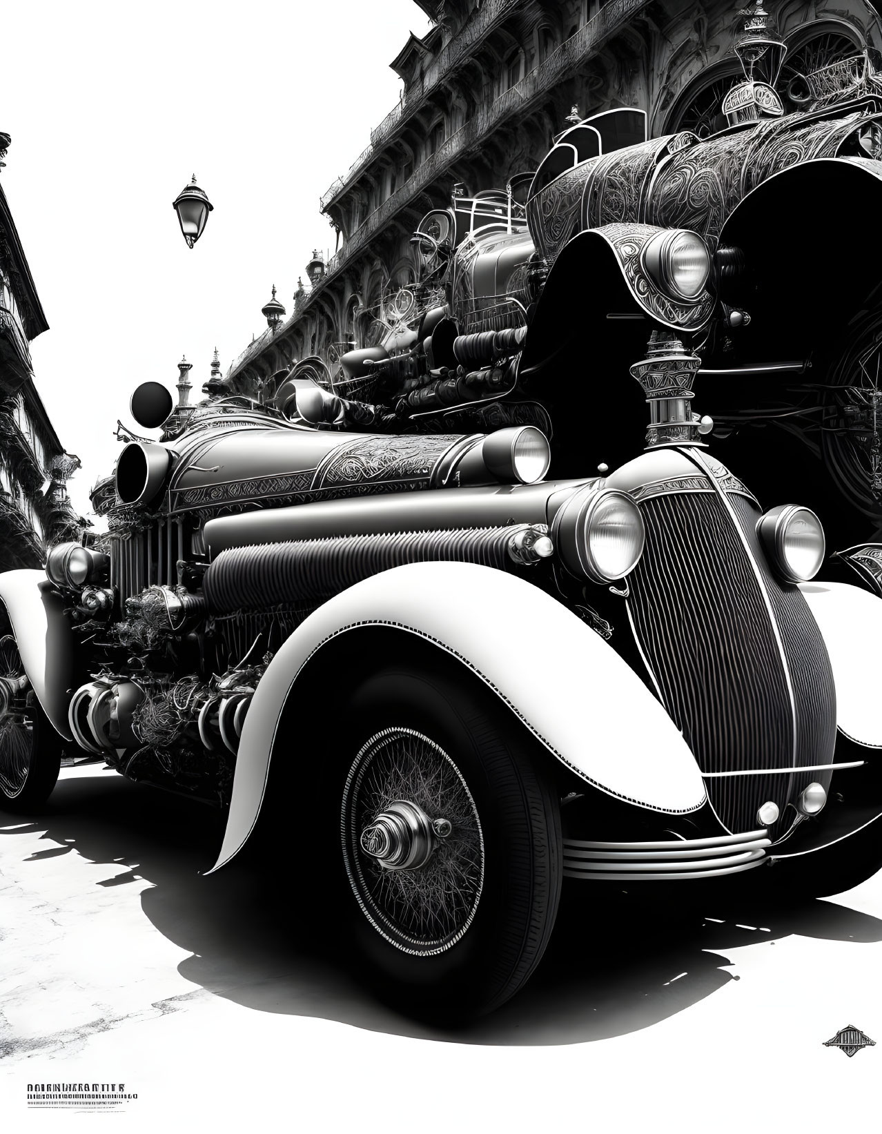 Detailed black and white vintage car illustration on city street.