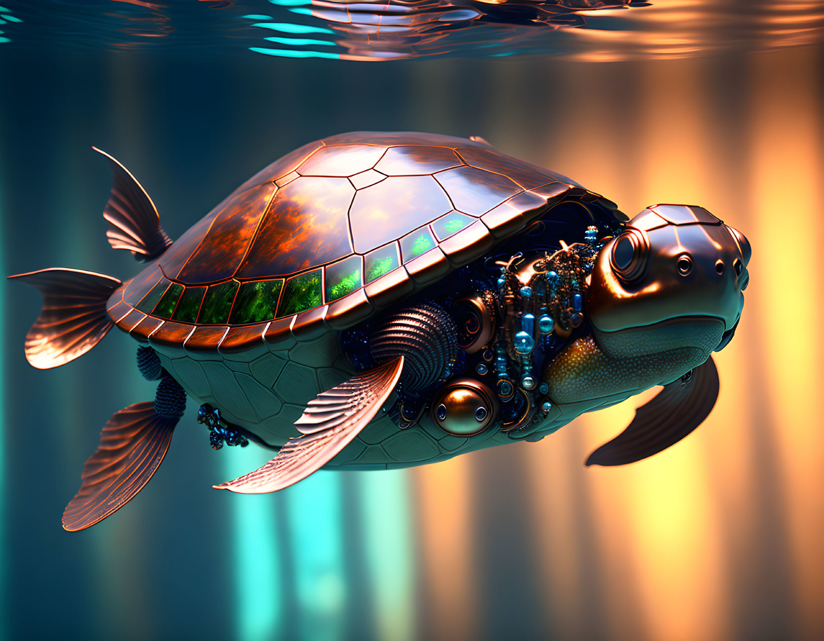 Mechanical turtle digital artwork with intricate gears and polished metal surfaces swimming underwater