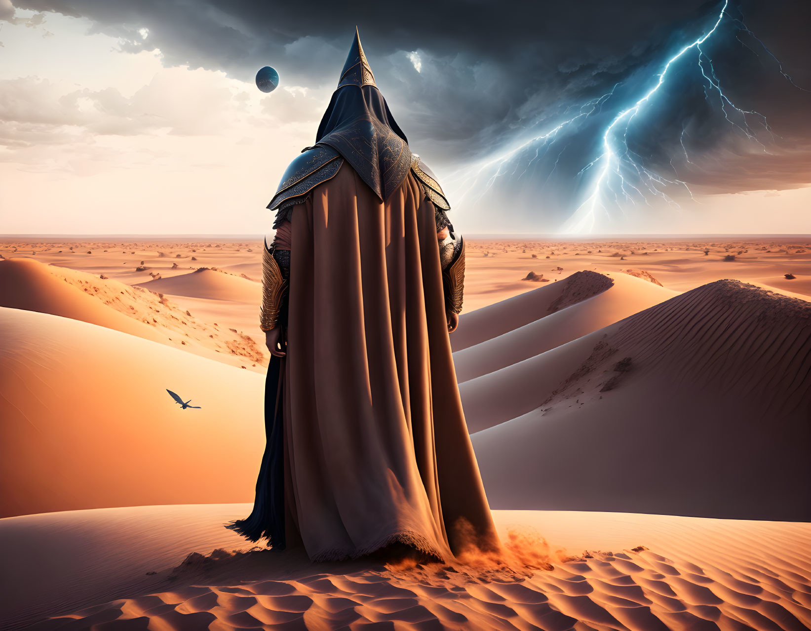 Mysterious cloaked figure in desert with lightning bolt, bird, and planetary body