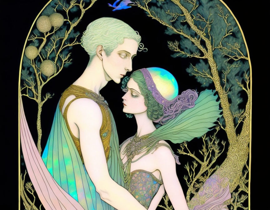 Art Nouveau style illustration of ethereal figures embracing in botanical setting